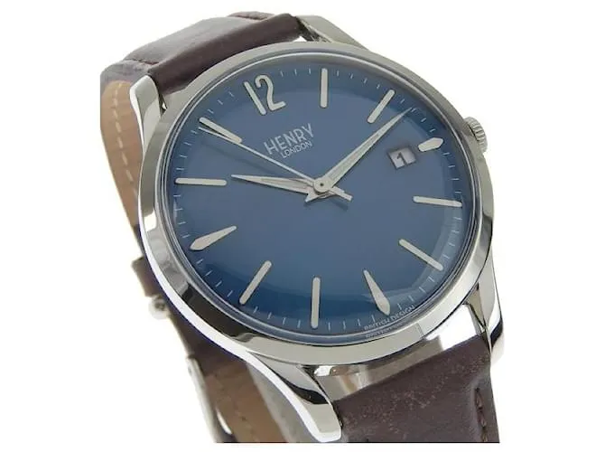& Other Stories Reloj de cuarzo para hombre Henry London Knightsbridge con fecha, Cuero y acero inoxidable plateado en perfe