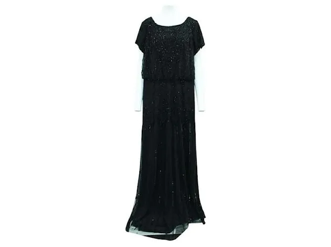 Autre Marque DISEÑADOR CONTEMPORÁNEO Vestido negro de manga corta con cuentas 