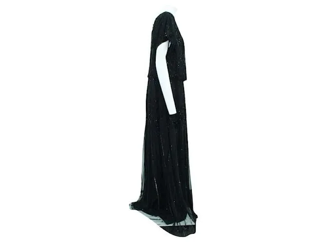 Autre Marque DISEÑADOR CONTEMPORÁNEO Vestido negro de manga corta con cuentas 