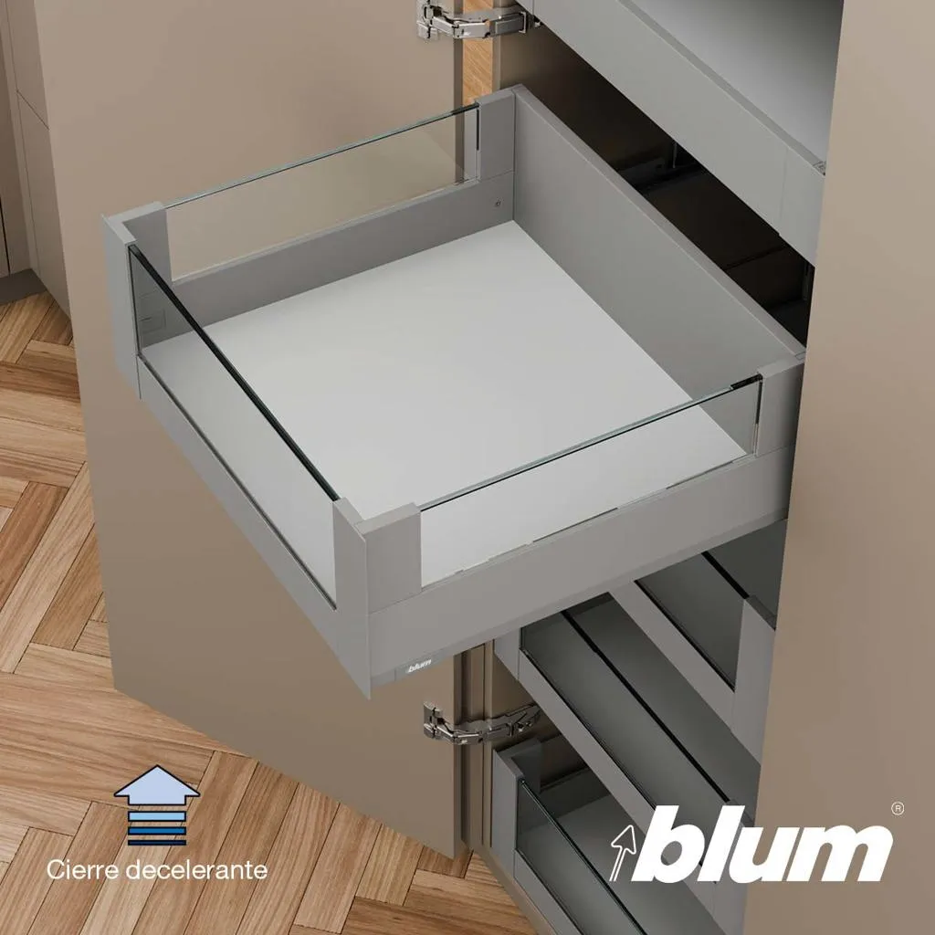 Blum MERIVOBOX – Perfil metálico M para cacerolero interior con lateral y tirador de vidrio h=184 mm