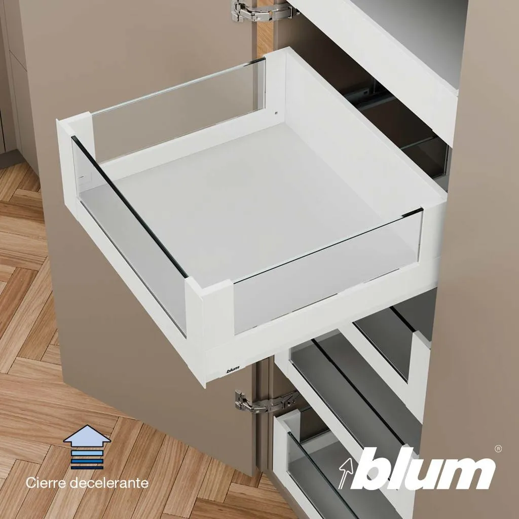 Blum MERIVOBOX – Perfil metálico M para cacerolero interior con lateral y tirador de vidrio h=184 mm