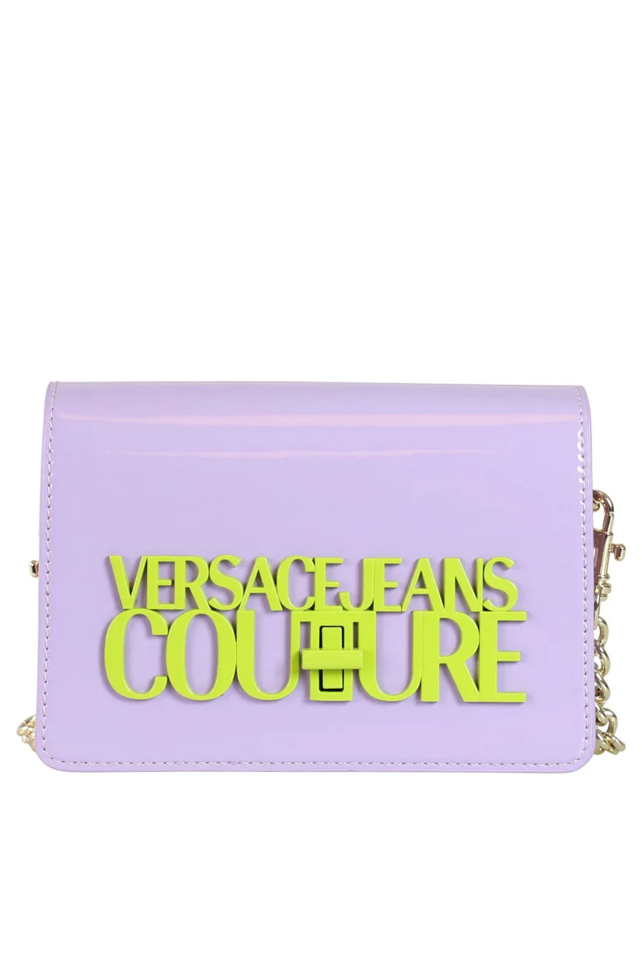 Bolso bandolera lila con logo y cadena amarilla neon