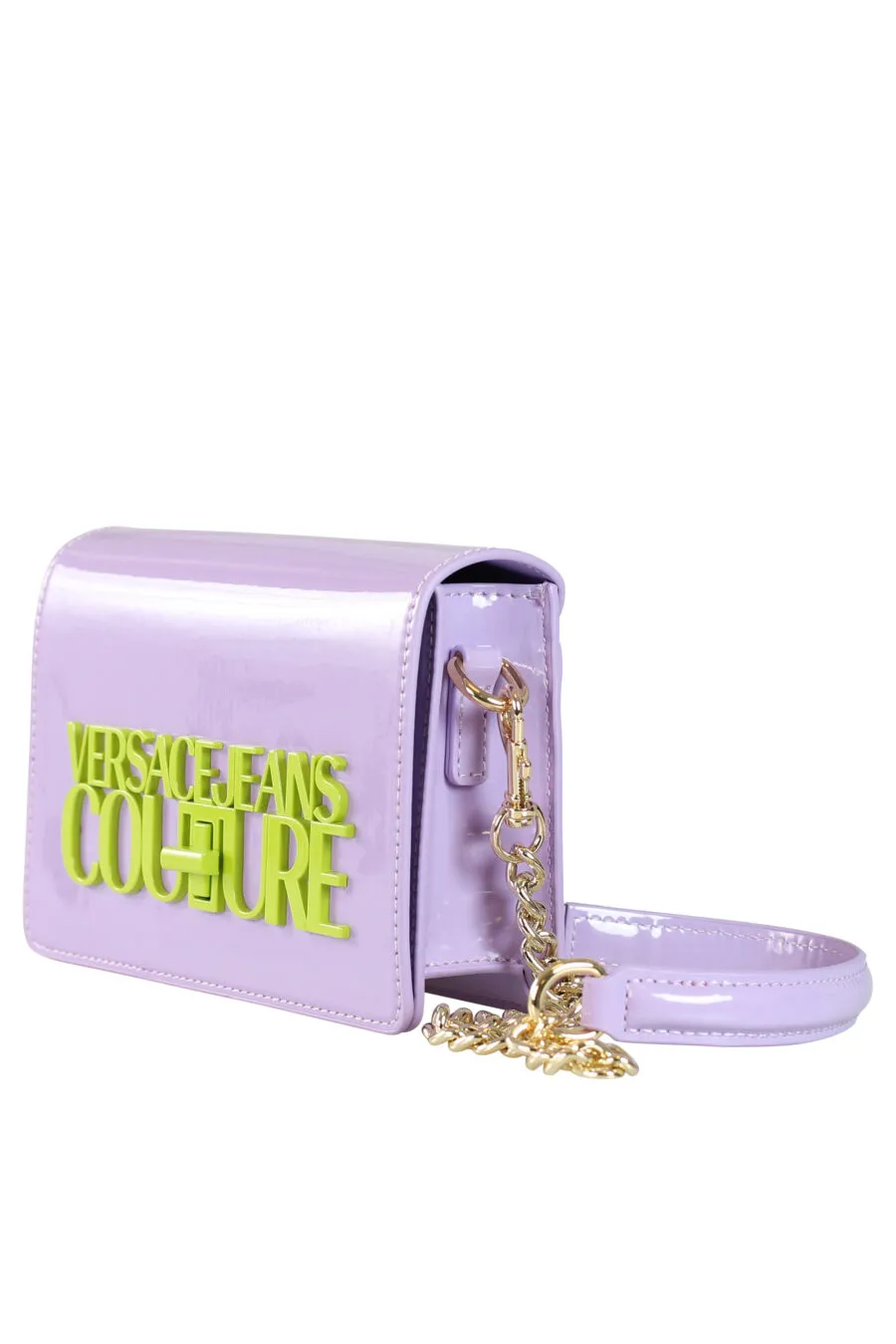 Bolso bandolera lila con logo y cadena amarilla neon