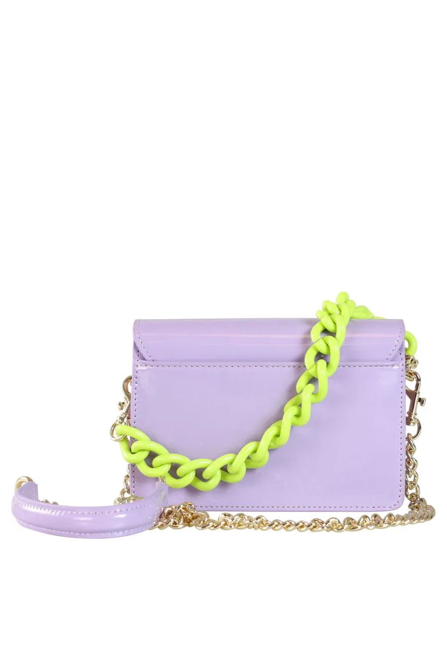 Bolso bandolera lila con logo y cadena amarilla neon
