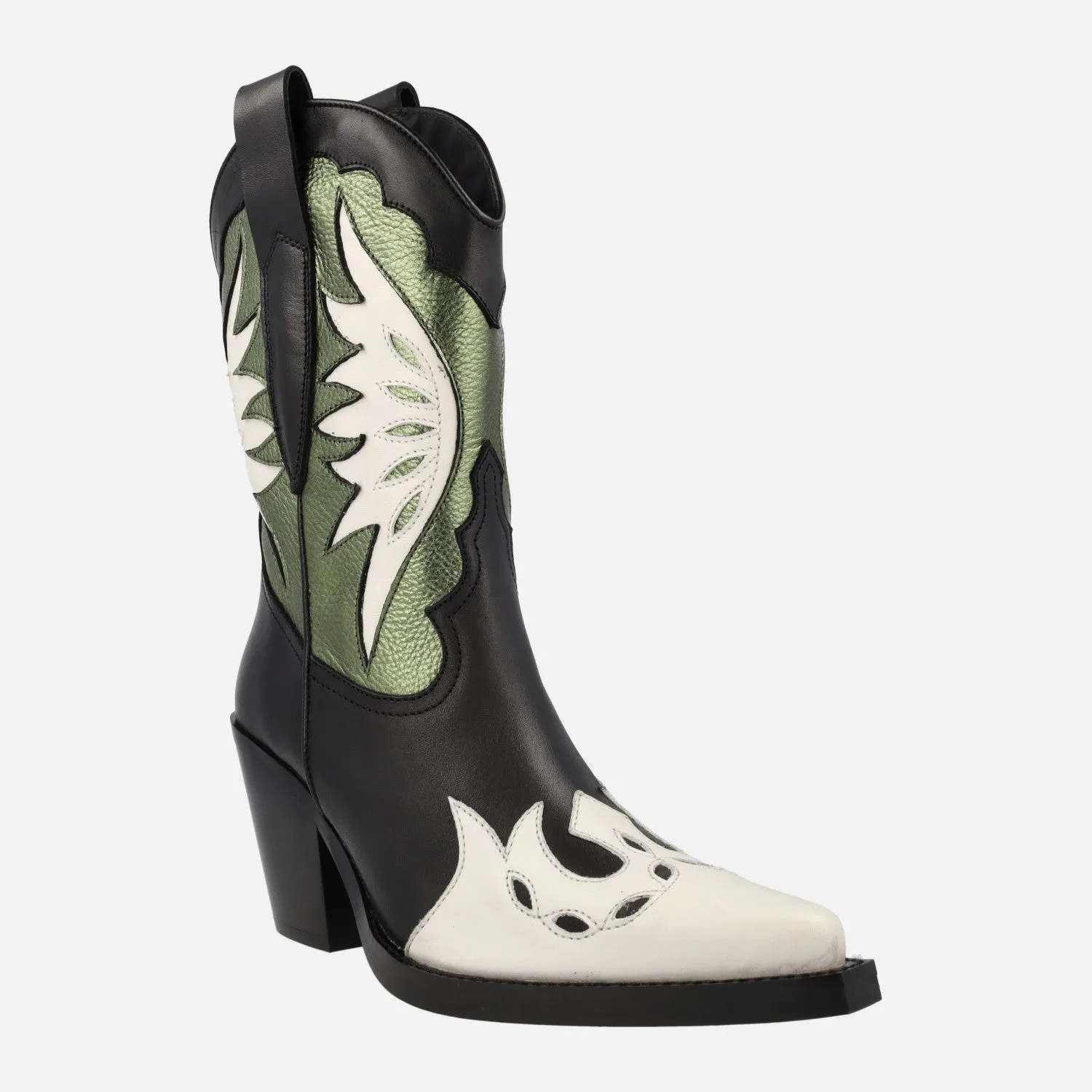 Botas cowboy en combinado tricolor negro blanco kaki Joe Sanchez