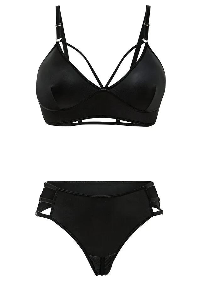Bustier + tanga con abertura y aspecto mojado (conjunto de 2 piezas) Negro