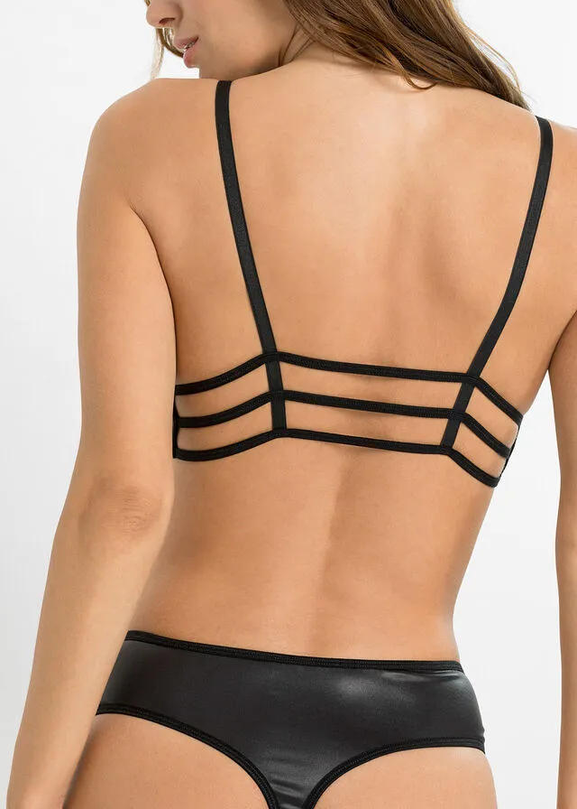Bustier + tanga con abertura y aspecto mojado (conjunto de 2 piezas) Negro