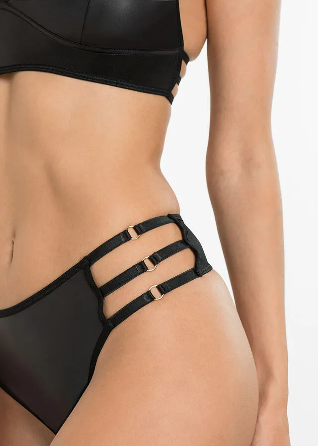 Bustier + tanga con abertura y aspecto mojado (conjunto de 2 piezas) Negro