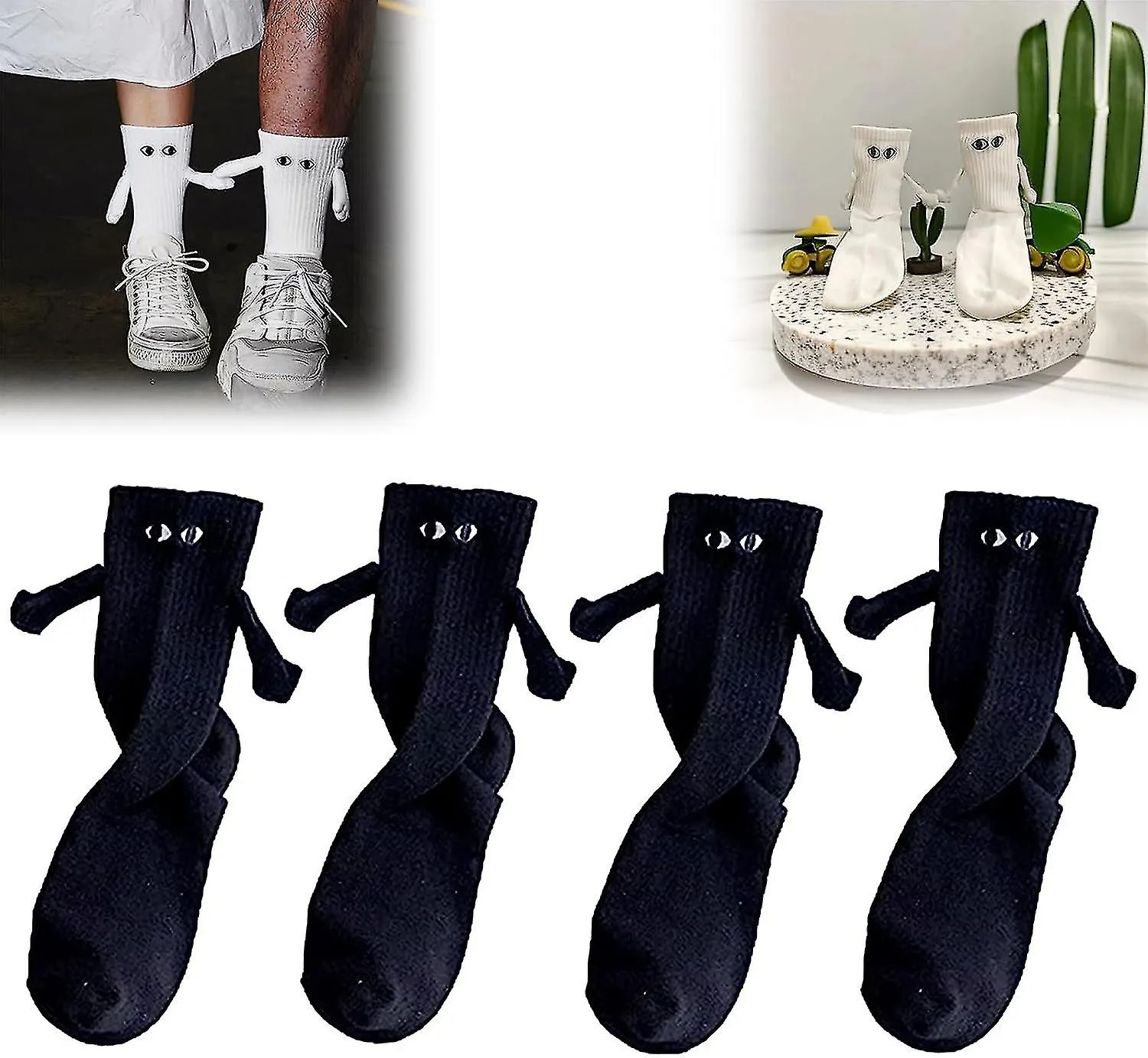 Calcetines magnéticos de mano que sostienen nuevos, calcetines de mano a mano, pareja que sostiene calcetines de manos