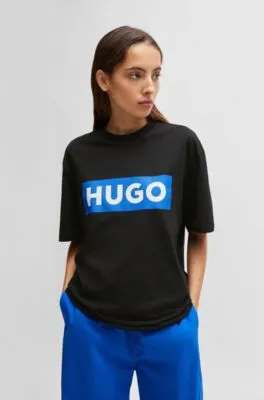 Camiseta de punto de algodón con logo azul