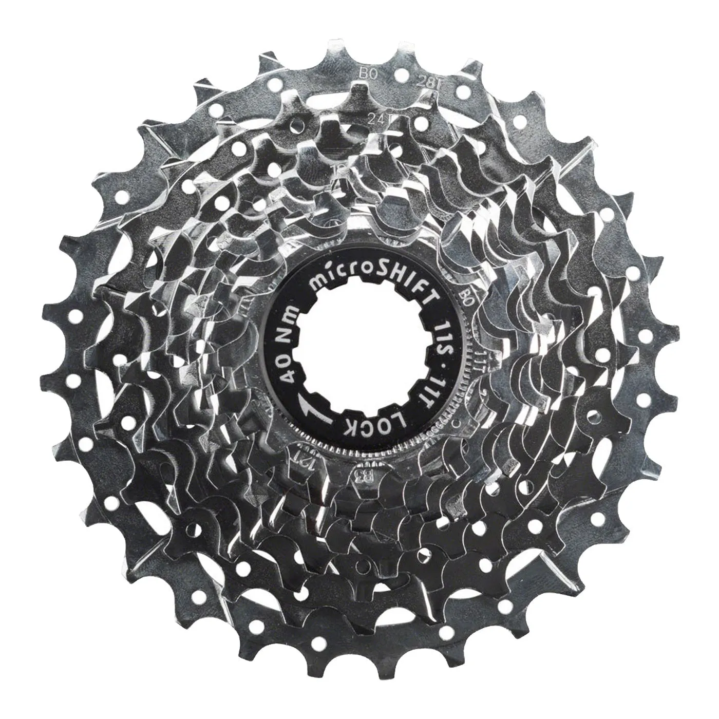 CASSETTE DE PIONES MICROSHIFT RUTA CSG110 ACERO 11P 11/28 CENTOS ARAA DE ALUMINIO CENTOS PIONES CROMADO