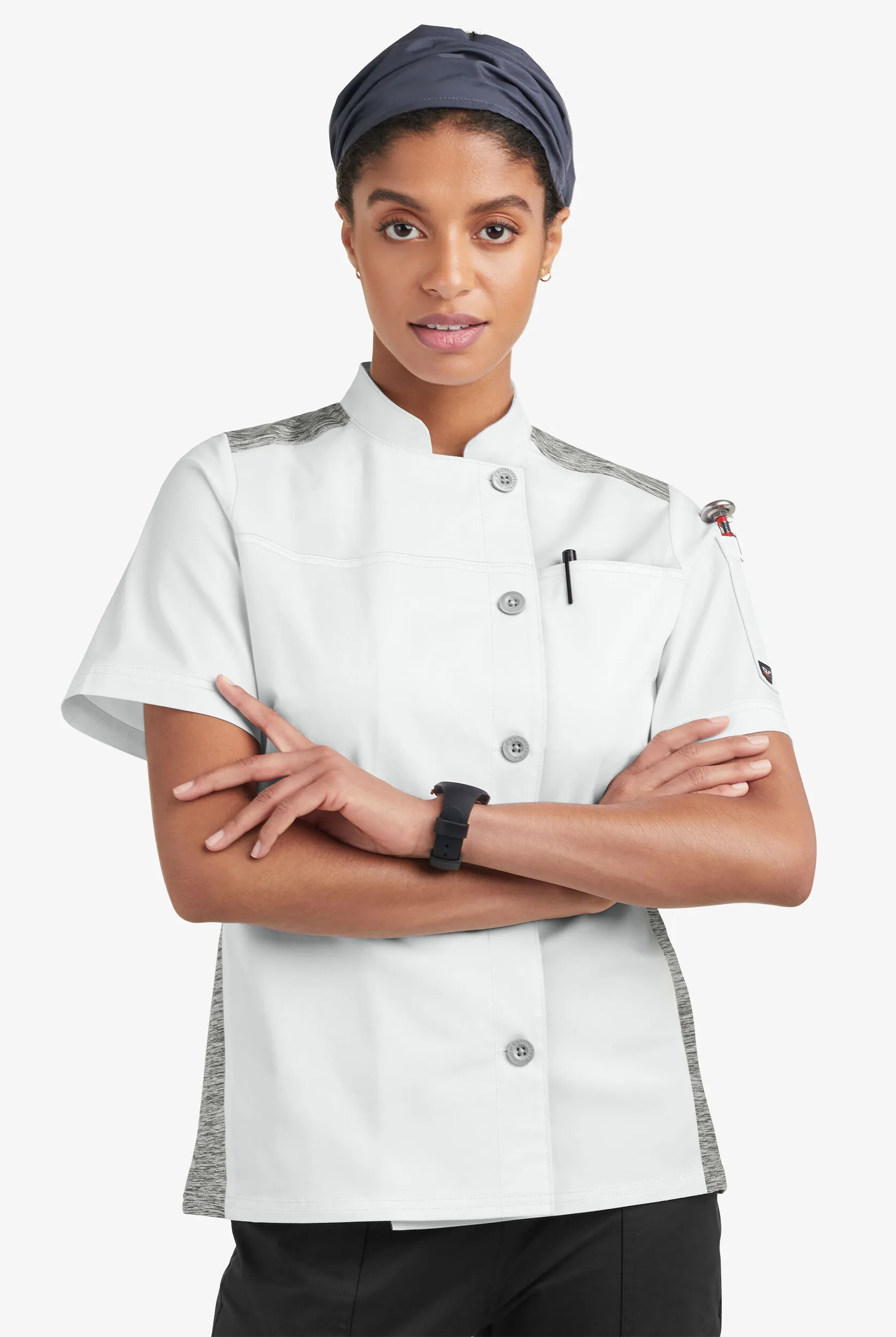 Chaqueta de gastronomía CHEF 360 STRETCH con mangas cortas y paneles de tejido para mujer