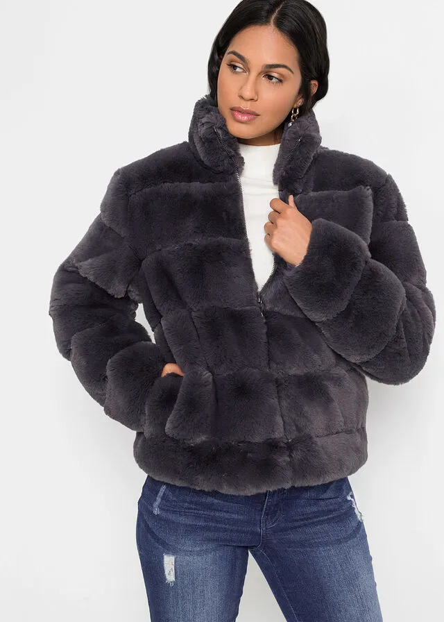 Chaqueta de piel sintética con cremallera Gris oscuro