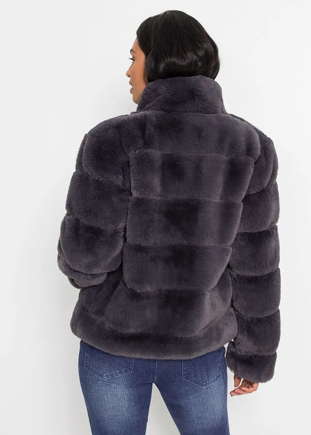 Chaqueta de piel sintética con cremallera Gris oscuro