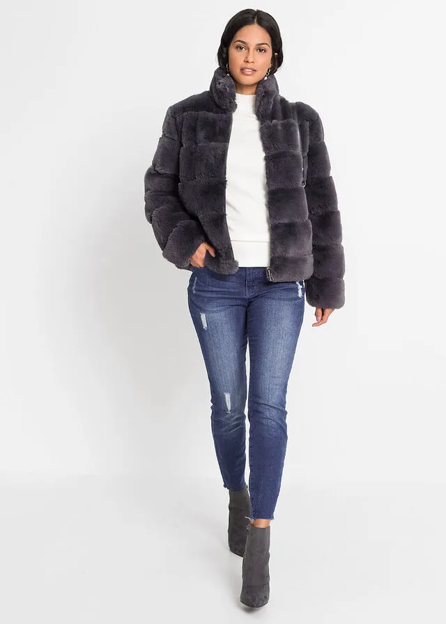 Chaqueta de piel sintética con cremallera Gris oscuro