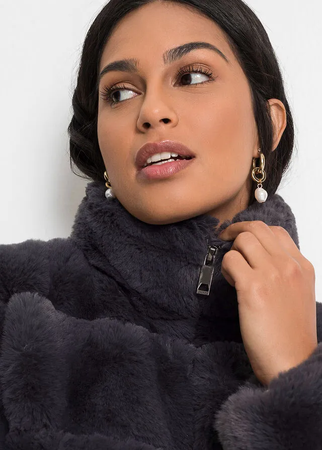 Chaqueta de piel sintética con cremallera Gris oscuro
