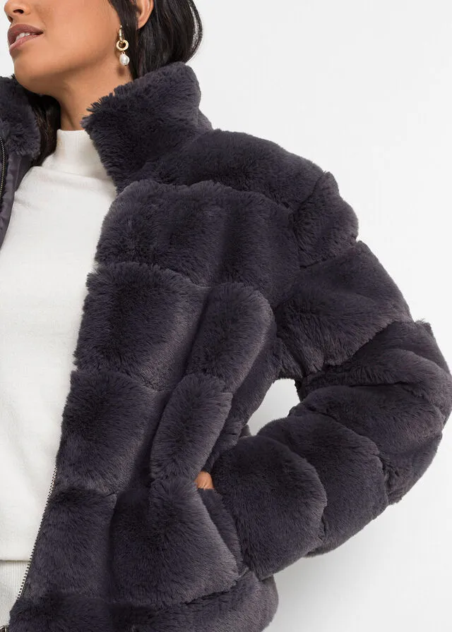 Chaqueta de piel sintética con cremallera Gris oscuro