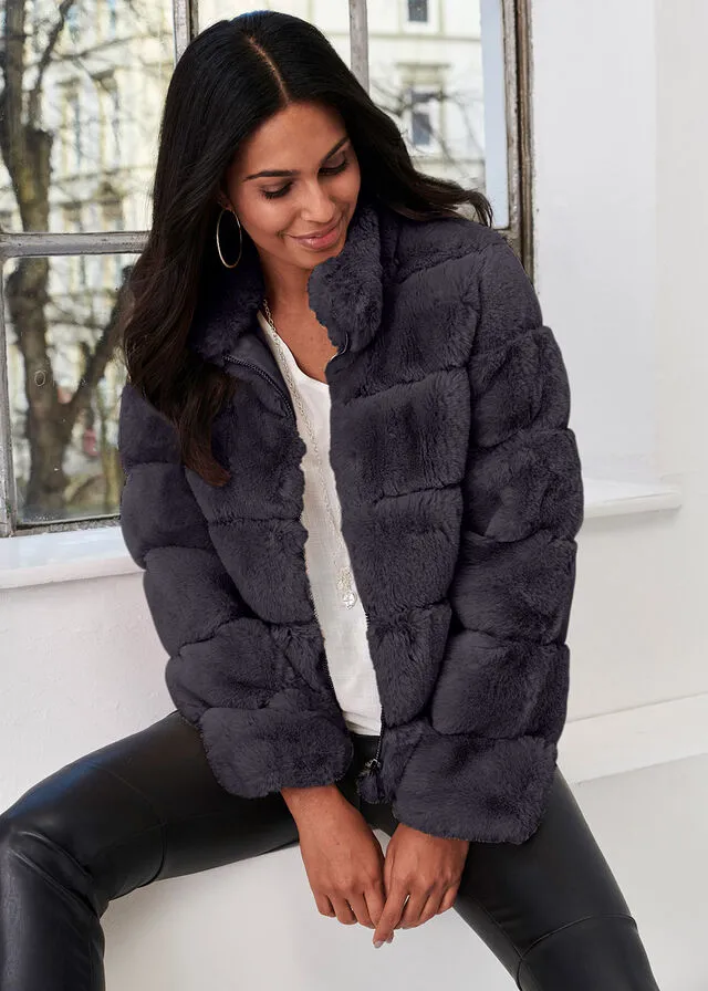 Chaqueta de piel sintética con cremallera Gris oscuro