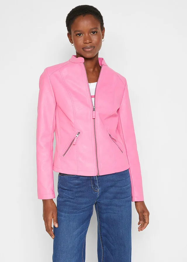 Chaqueta de piel sintética con insertos elásticos laterales Rosa flamenco