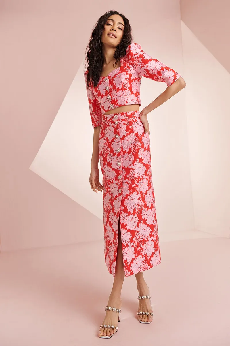 Conjunto top y falda jacquard rojo y rosa con botones joya Rachel
