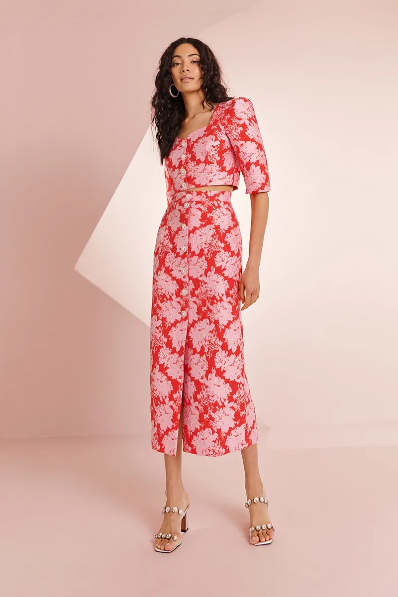 Conjunto top y falda jacquard rojo y rosa con botones joya Rachel