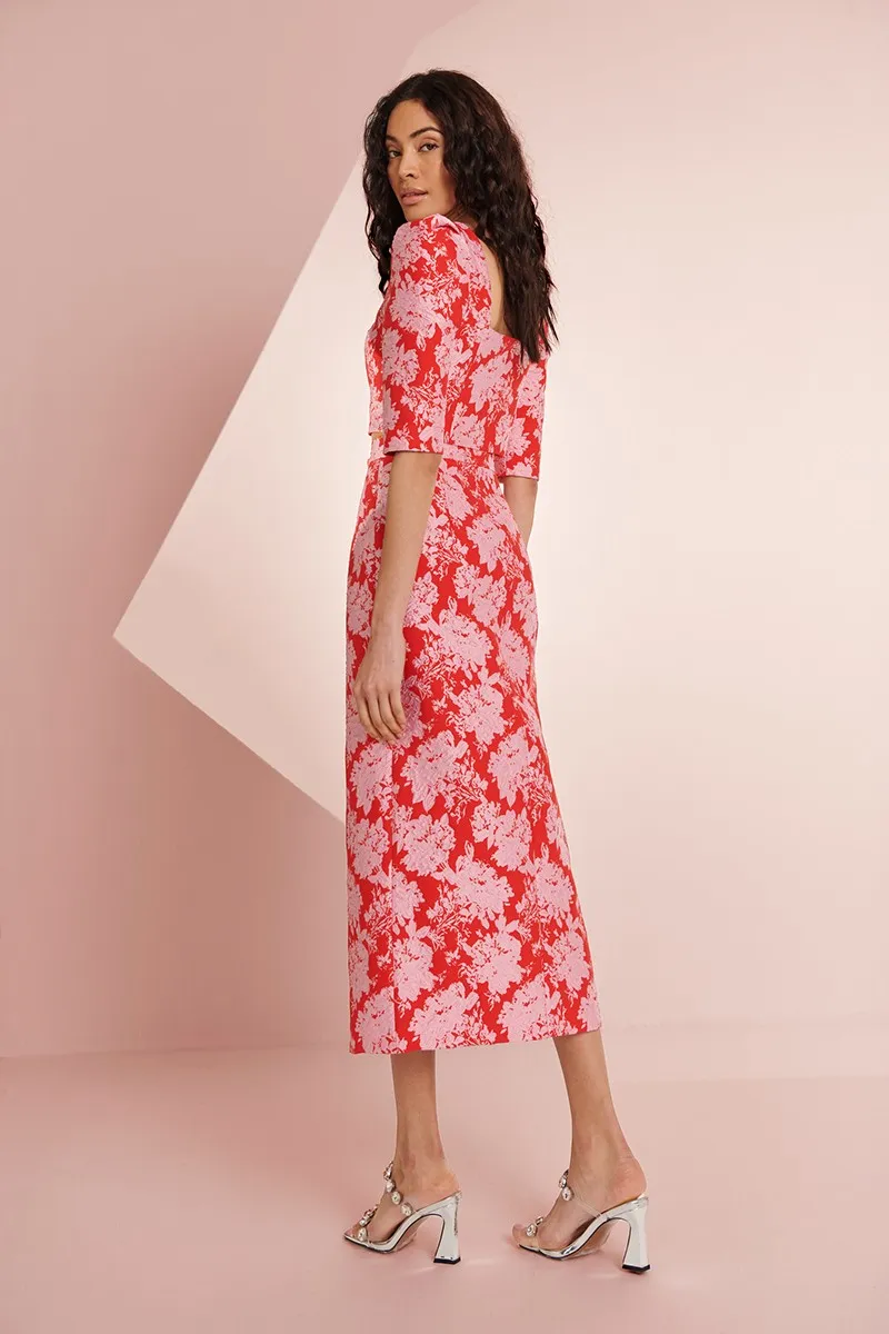 Conjunto top y falda jacquard rojo y rosa con botones joya Rachel