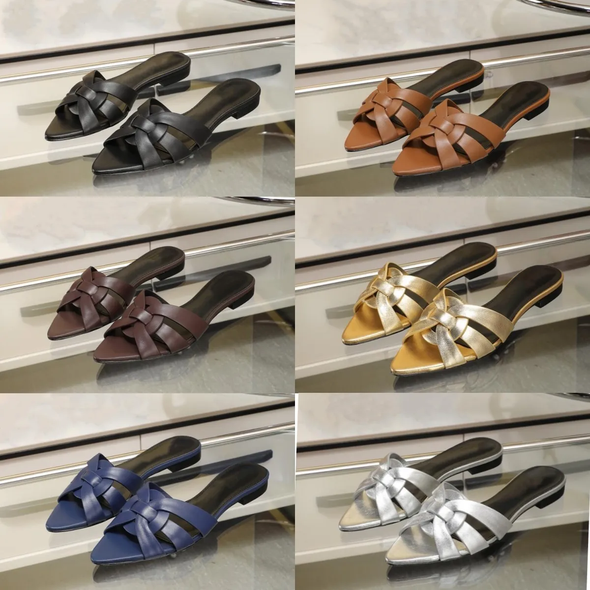 Fashion Luxury Luxury Women's Genuine Leather Sandals zapatillas zapatillas de flores de cuero Botthera plana de la playa d