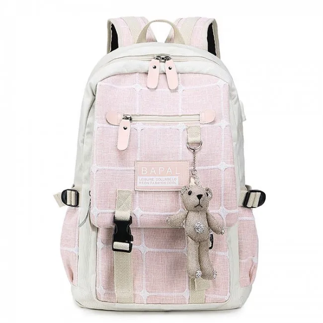 Fresh Cartoon Bear Decor Double Buckle Grid Canvas School Bag Large Capacity College Backpack