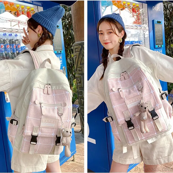 Fresh Cartoon Bear Decor Double Buckle Grid Canvas School Bag Large Capacity College Backpack