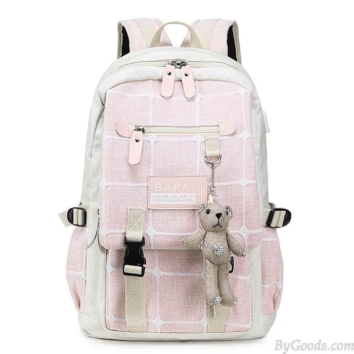 Fresh Cartoon Bear Decor Double Buckle Grid Canvas School Bag Large Capacity College Backpack