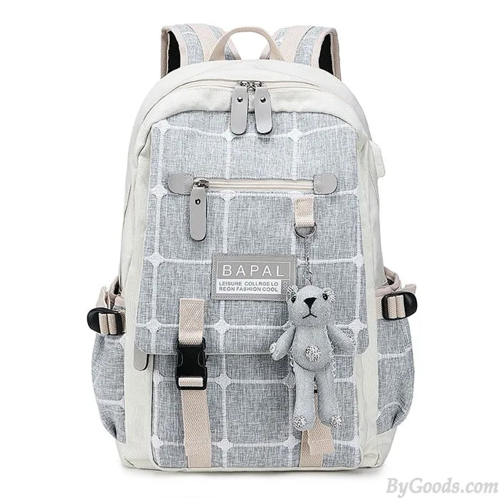 Fresh Cartoon Bear Decor Double Buckle Grid Canvas School Bag Large Capacity College Backpack