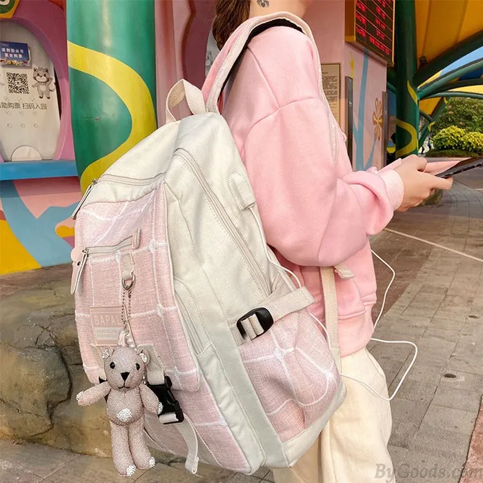 Fresh Cartoon Bear Decor Double Buckle Grid Canvas School Bag Large Capacity College Backpack