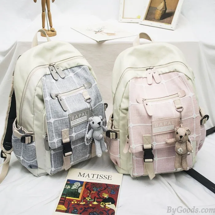 Fresh Cartoon Bear Decor Double Buckle Grid Canvas School Bag Large Capacity College Backpack