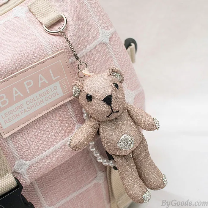 Fresh Cartoon Bear Decor Double Buckle Grid Canvas School Bag Large Capacity College Backpack