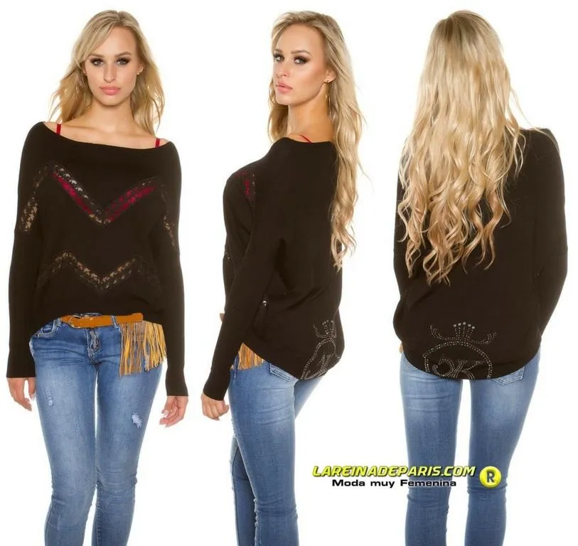 Jersey de encaje y pedrería negro