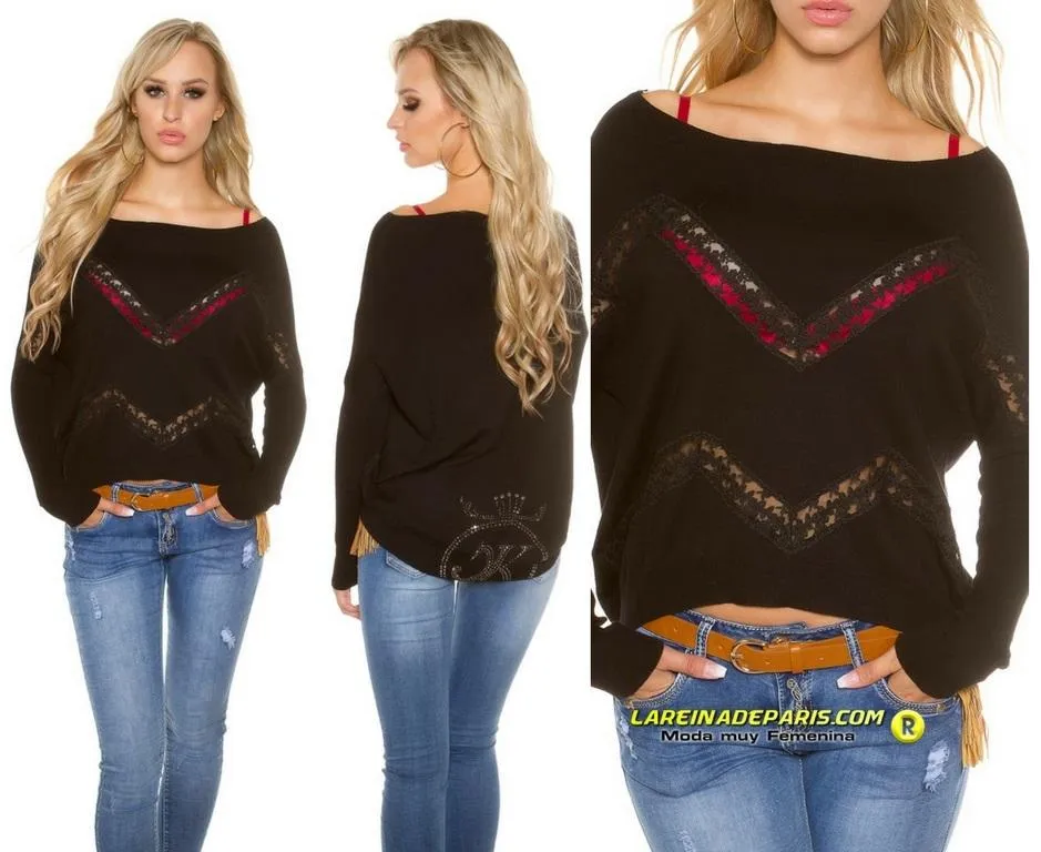 Jersey de encaje y pedrería negro
