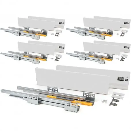 Pack de 5 kits para cajones de cocina Concept altura 138mm profundidad 500mm cierre suave acero blanco Emuca