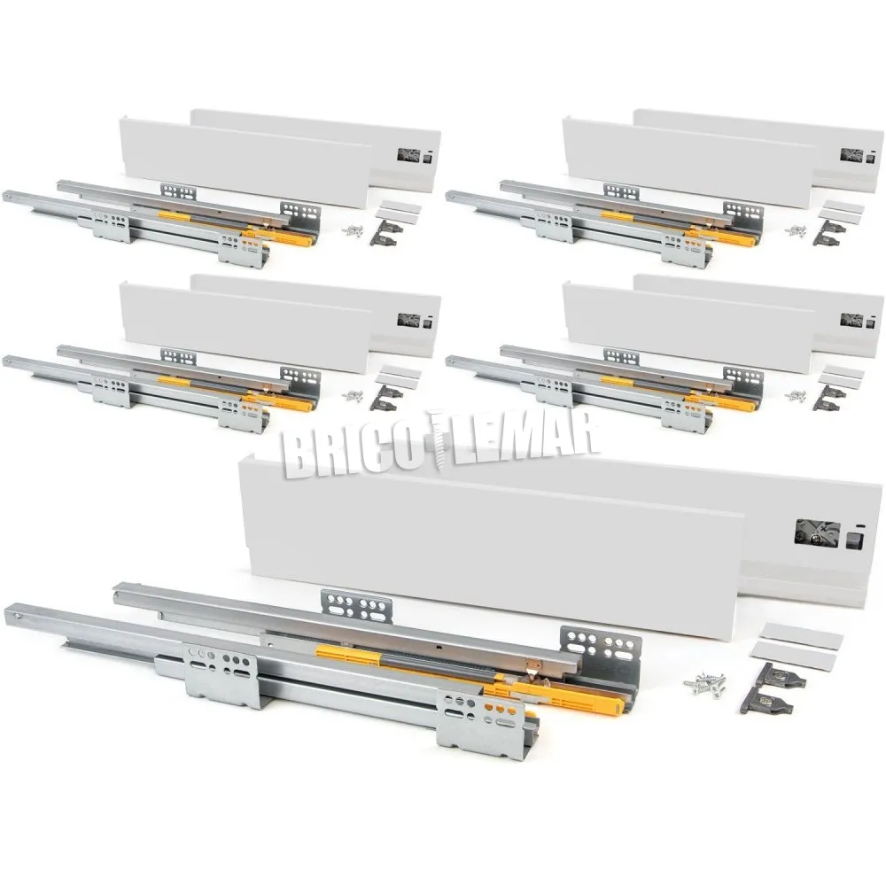 Pack de 5 kits para cajones de cocina Concept altura 138mm profundidad 500mm cierre suave acero blanco Emuca