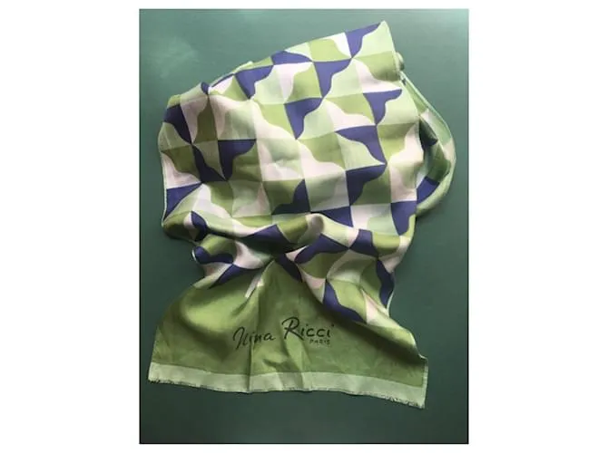 Pañuelo de seda vintage de Nina Ricci Blanco Azul Verde 