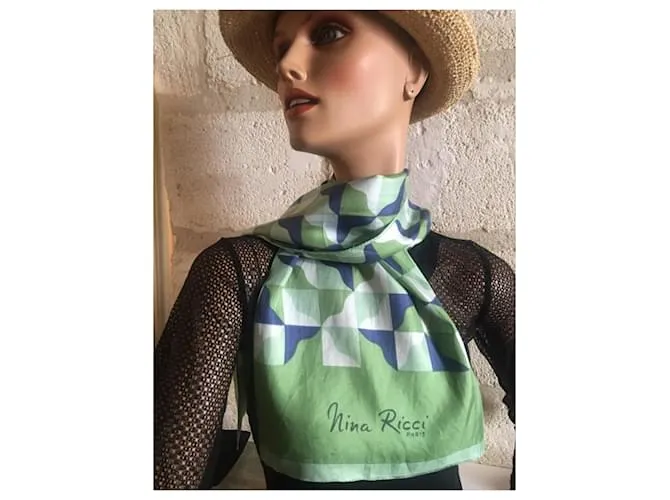 Pañuelo de seda vintage de Nina Ricci Blanco Azul Verde 