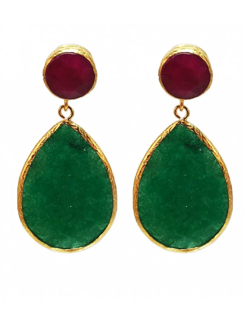 PENDIENTES LARGOS FUCSIAS Y VERDES DE PIEDRA NATURAL PARA TU VESTIDO DE FIESTA