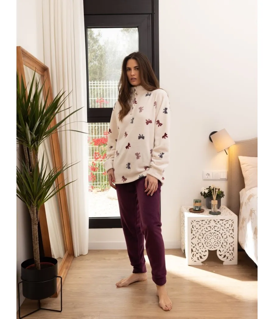 Pijama térmico mujer invierno Blanca Hernández coralina burdeos puños