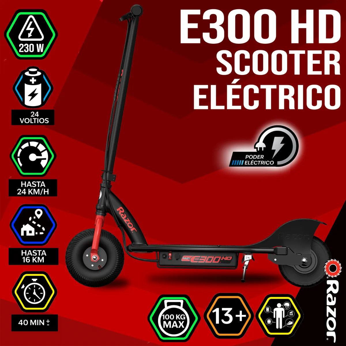 Razor E300 HD, Scooter Eléctrico, Negro