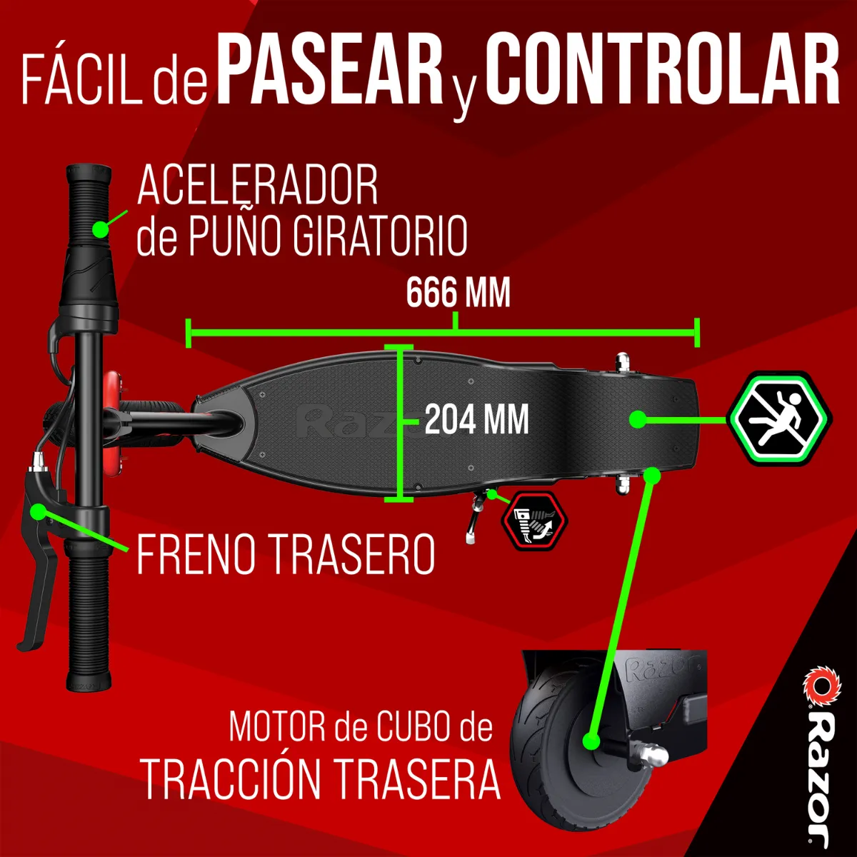 Razor E300 HD, Scooter Eléctrico, Negro