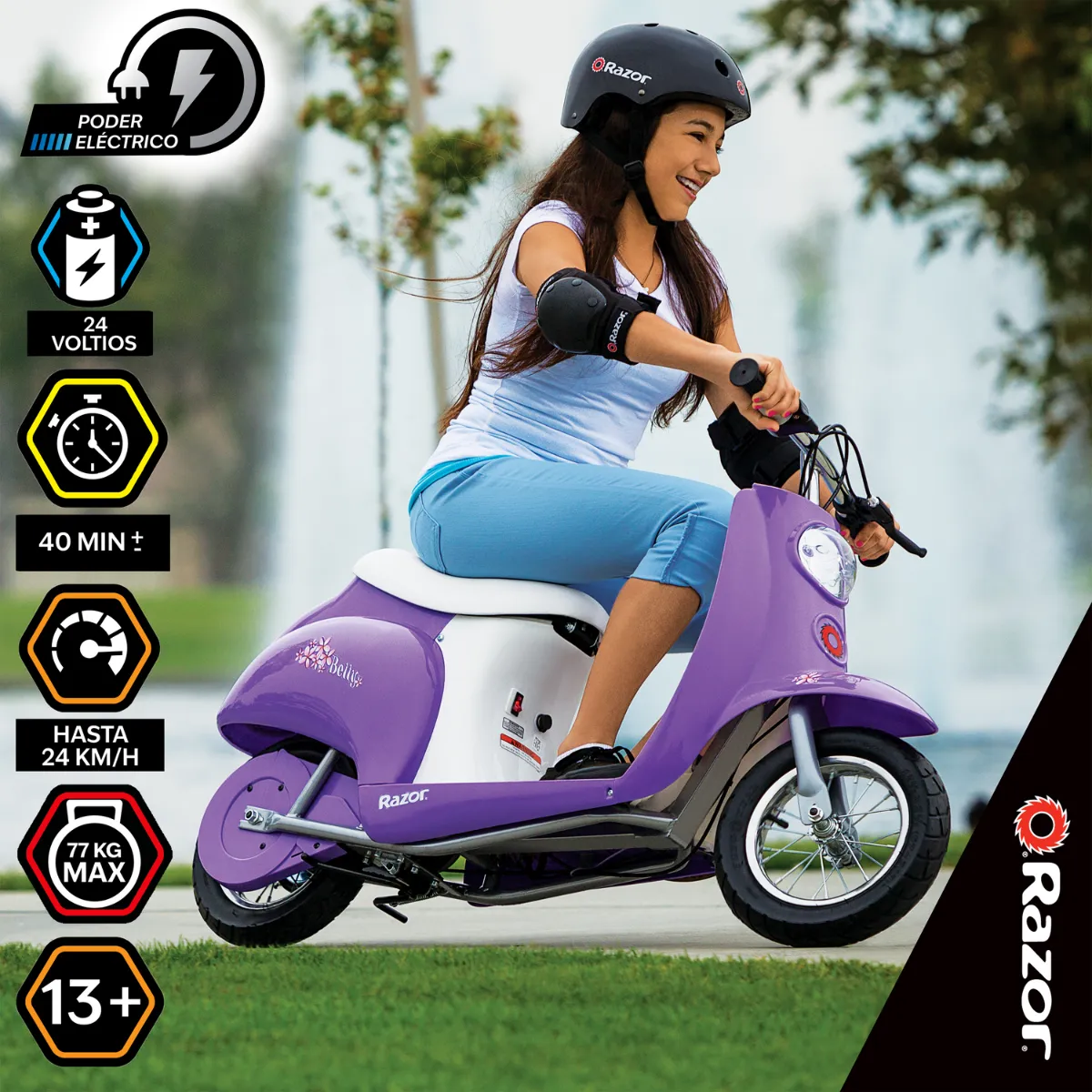 Razor Pocket Mod, Scooter Eléctrico, Estilo Europeo, Lila Betty