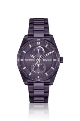 Reloj de acero chapado en morado con caja geométrica