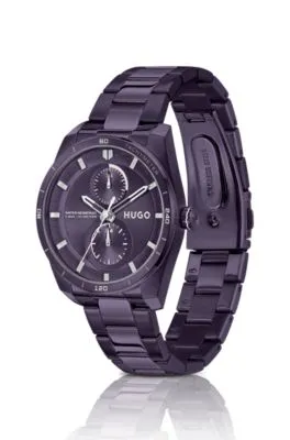 Reloj de acero chapado en morado con caja geométrica