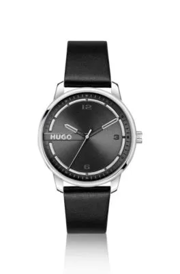 Reloj de acero inoxidable con correa de piel negra