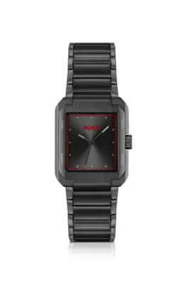Reloj de acero negro con detalles en rojo