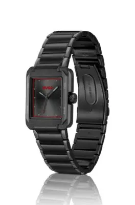 Reloj de acero negro con detalles en rojo